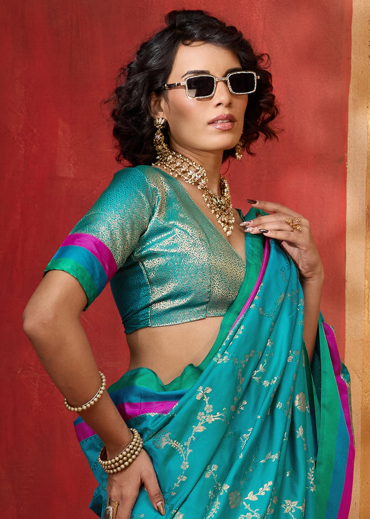 Cerulean Blue Soft Silk Satin Patta Handloom Saree