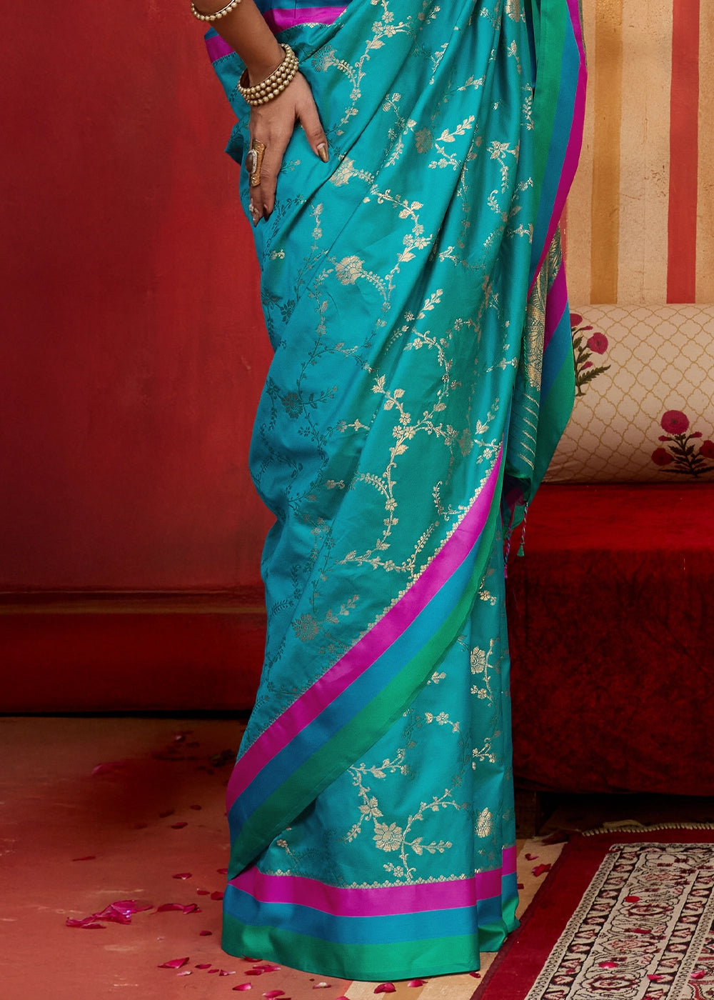 Cerulean Blue Soft Silk Satin Patta Handloom Saree