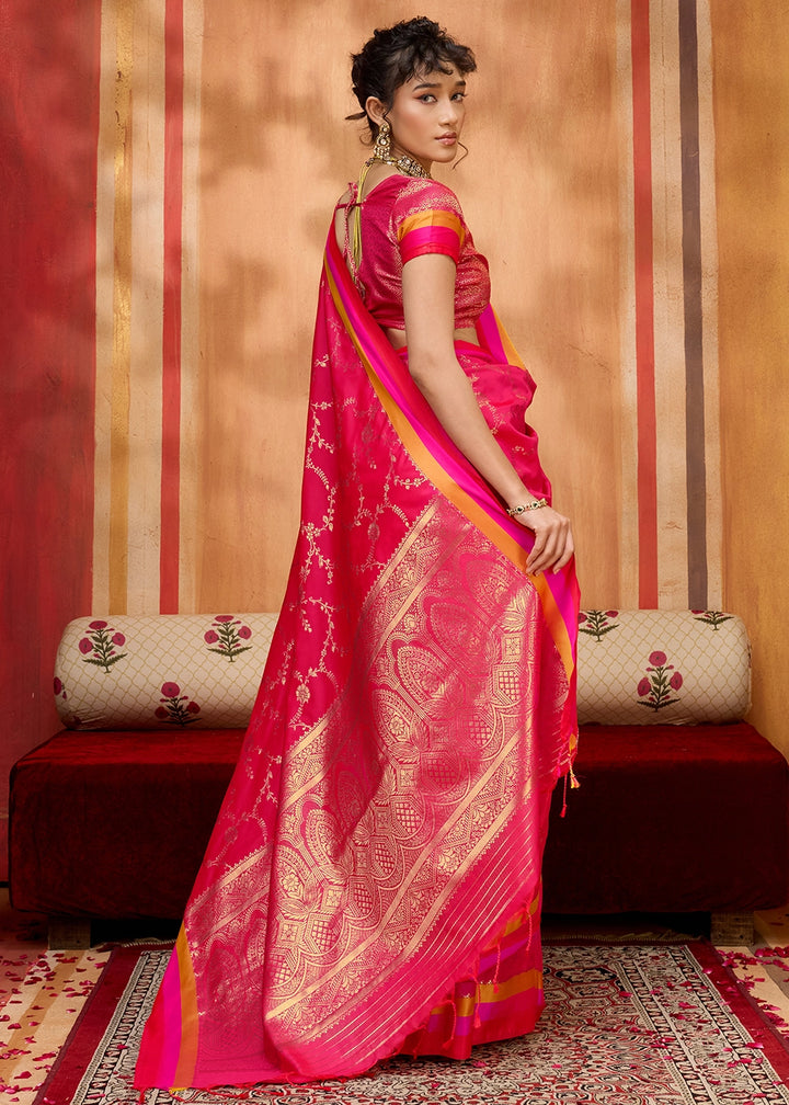 Magenta Pink Soft Silk Satin Patta Handloom Saree