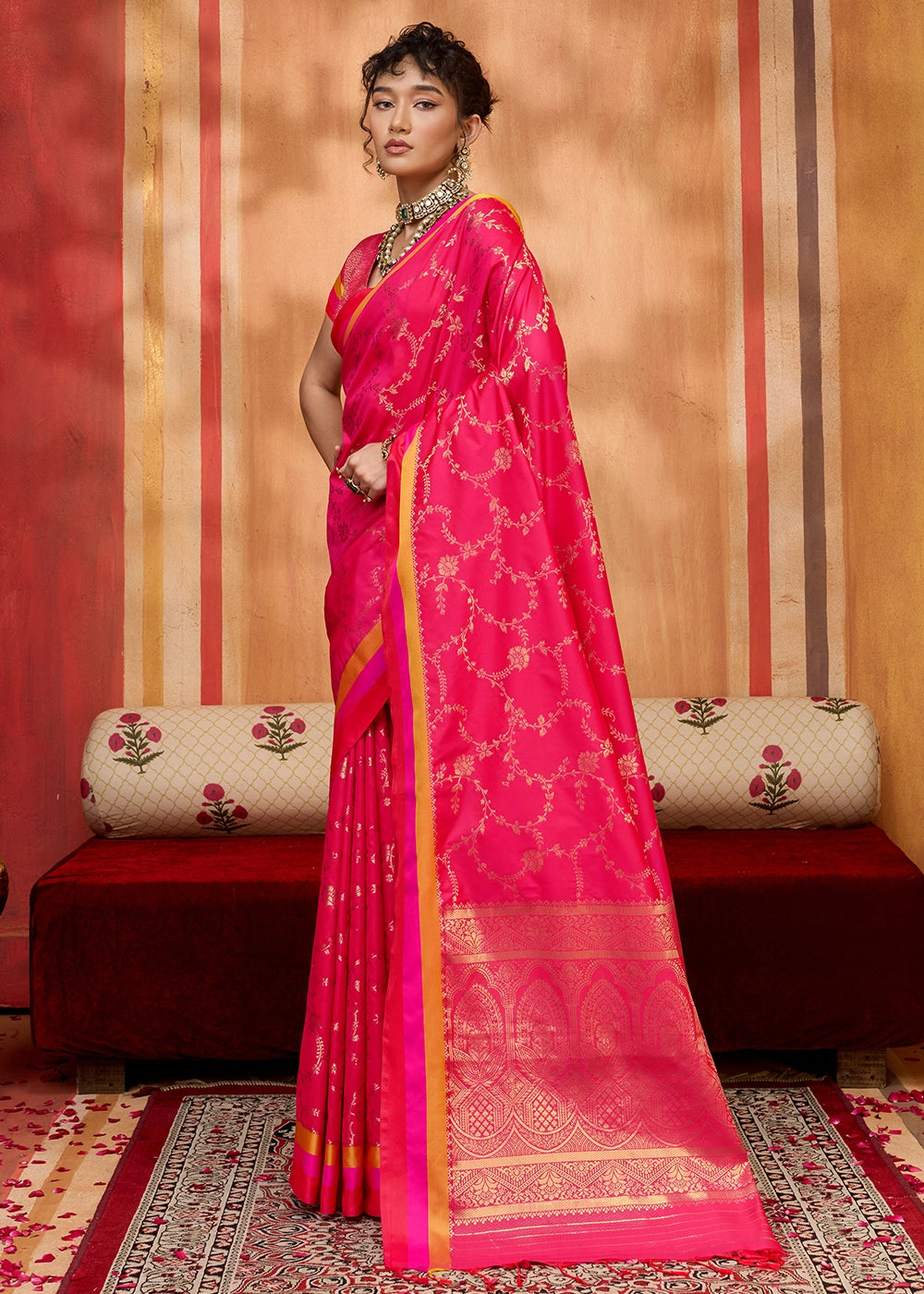 Magenta Pink Soft Silk Satin Patta Handloom Saree