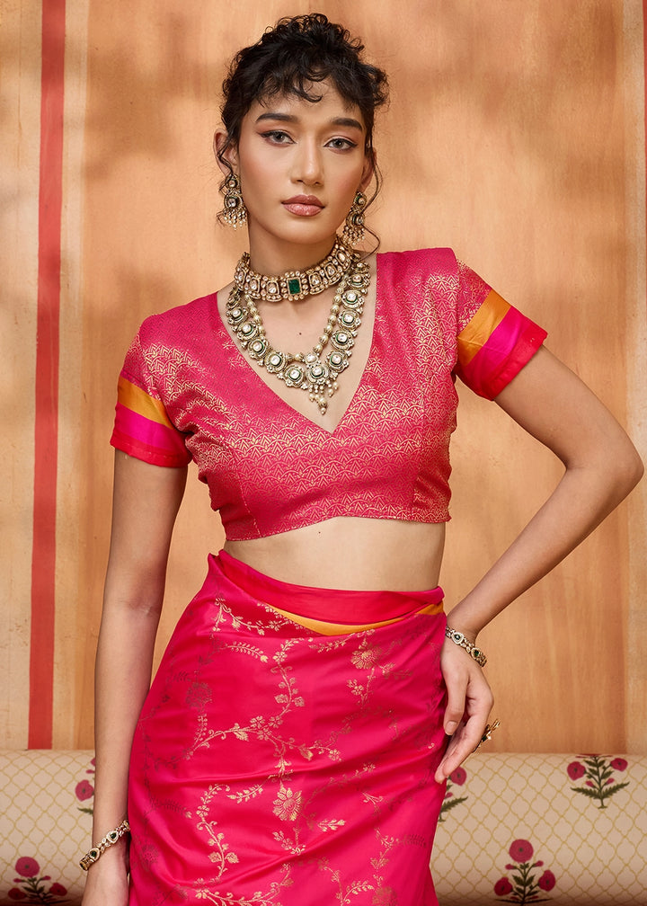 Magenta Pink Soft Silk Satin Patta Handloom Saree