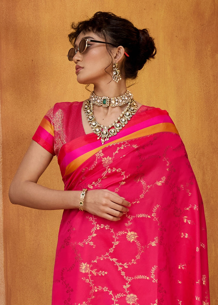 Magenta Pink Soft Silk Satin Patta Handloom Saree