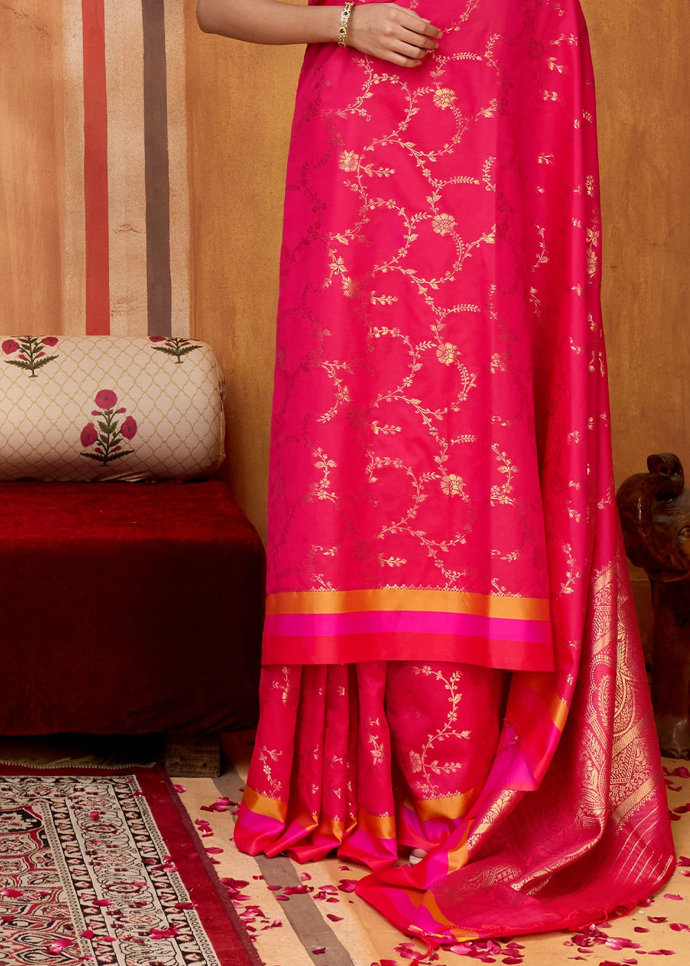 Magenta Pink Soft Silk Satin Patta Handloom Saree