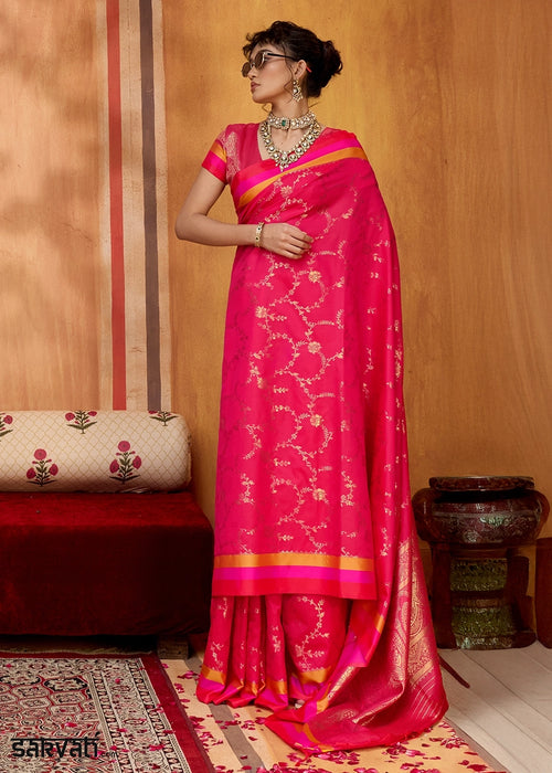 Magenta Pink Soft Silk Satin Patta Handloom Saree