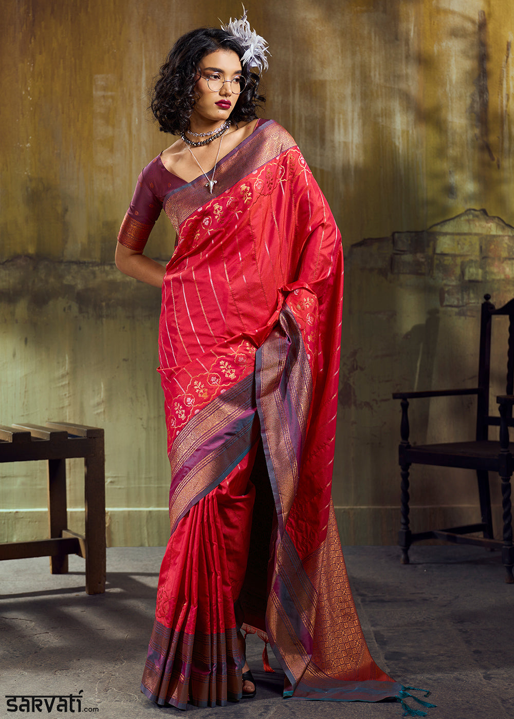 Tones of Red Silk Saree with Rich Pallu &amp; Zari Craftsmanship