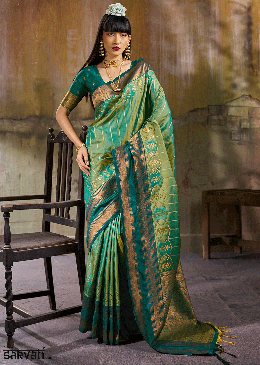 Tones of Green Silk Saree with Rich Pallu &amp; Zari Craftsmanship
