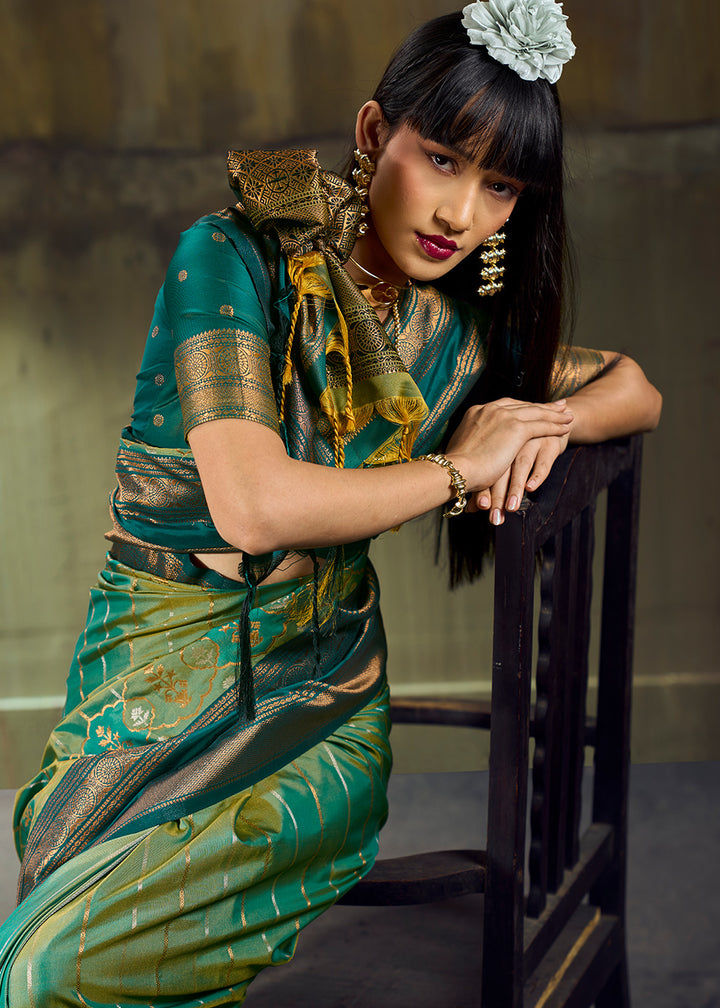 Tones of Green Silk Saree with Rich Pallu &amp; Zari Craftsmanship