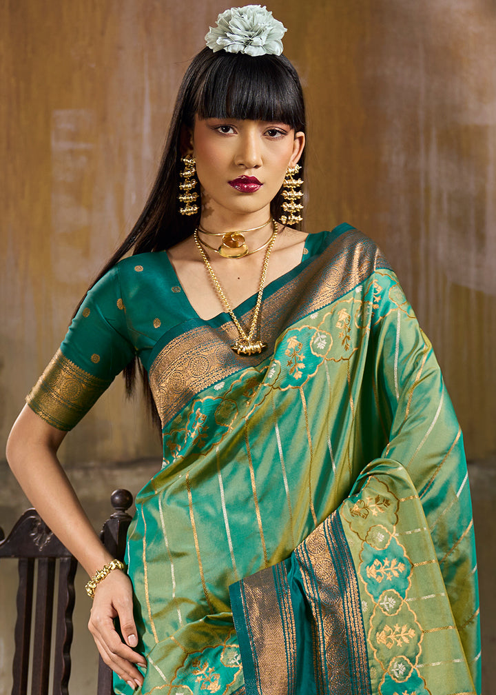 Tones of Green Silk Saree with Rich Pallu &amp; Zari Craftsmanship