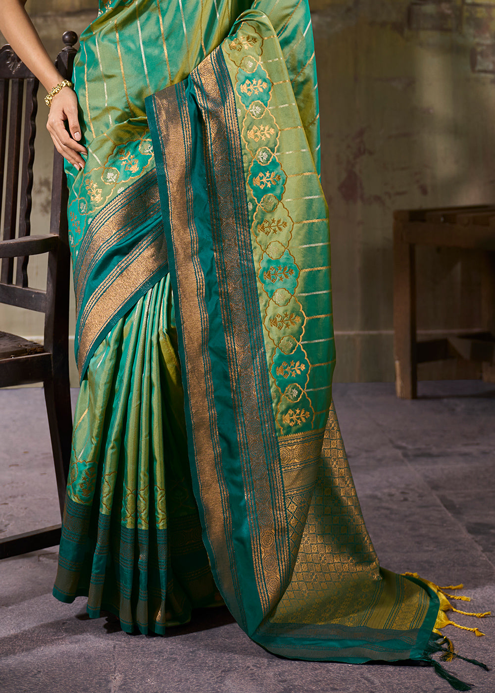 Tones of Green Silk Saree with Rich Pallu &amp; Zari Craftsmanship