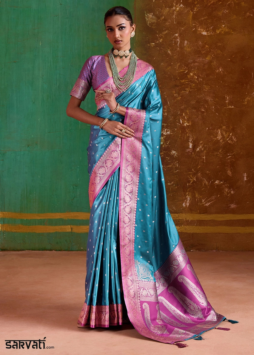 Cerulean Blue Satin Silk Saree with Intricate Zari Weaving and Contrast Pallu