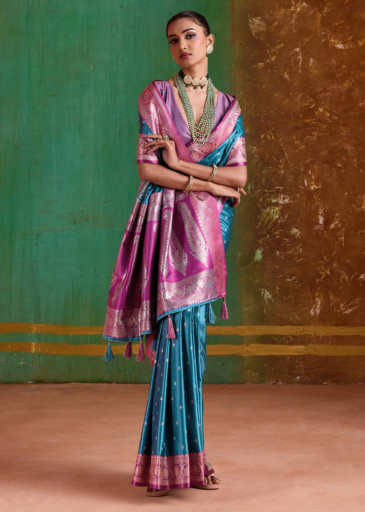 Cerulean Blue Satin Silk Saree with Intricate Zari Weaving and Contrast Pallu