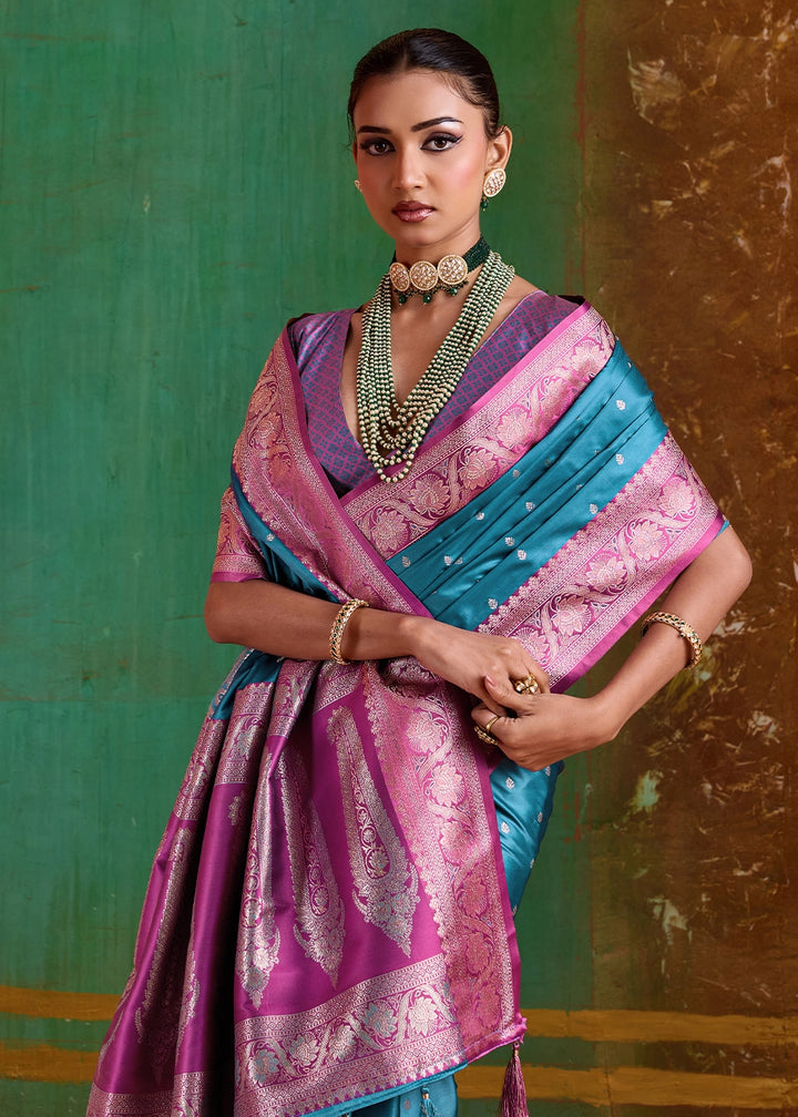 Cerulean Blue Satin Silk Saree with Intricate Zari Weaving and Contrast Pallu