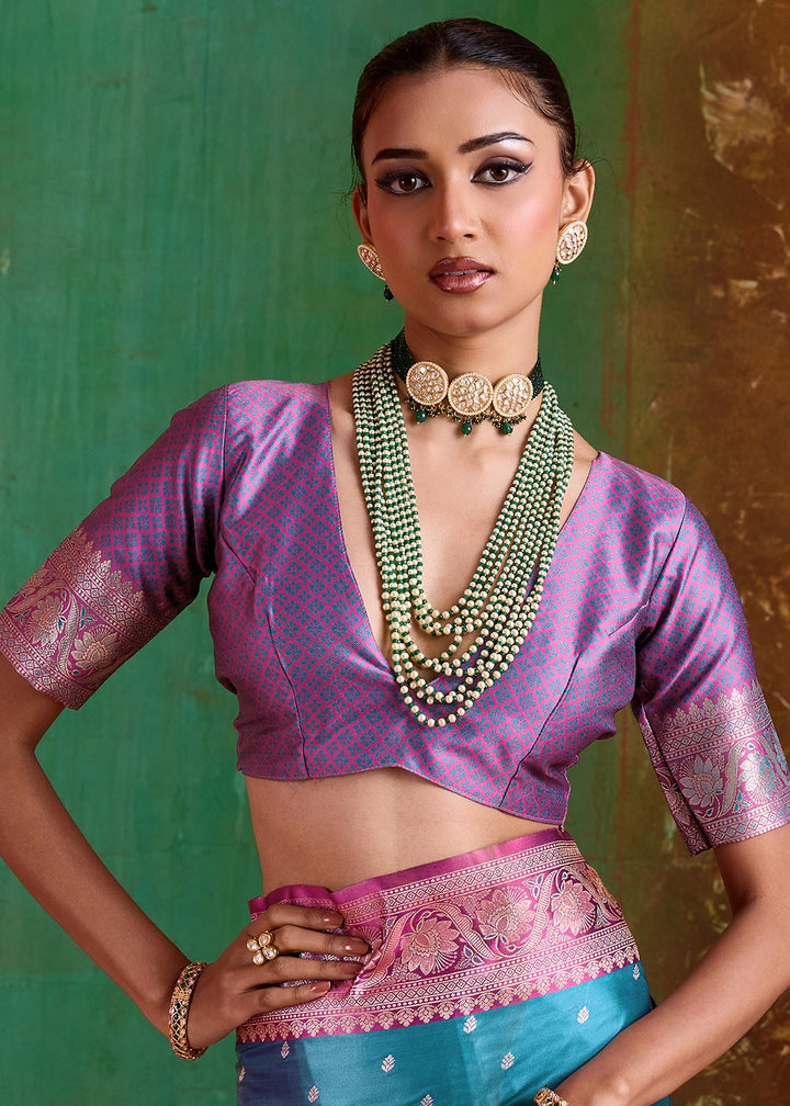 Cerulean Blue Satin Silk Saree with Intricate Zari Weaving and Contrast Pallu