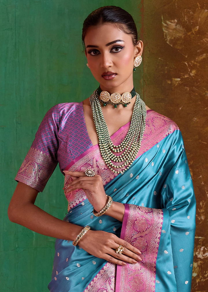 Cerulean Blue Satin Silk Saree with Intricate Zari Weaving and Contrast Pallu