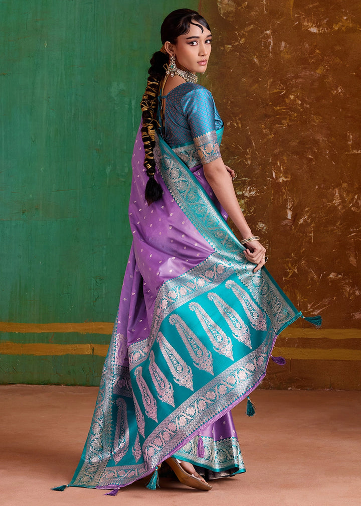 Iris Purple Satin Silk Saree with Intricate Zari Weaving and Contrast Pallu