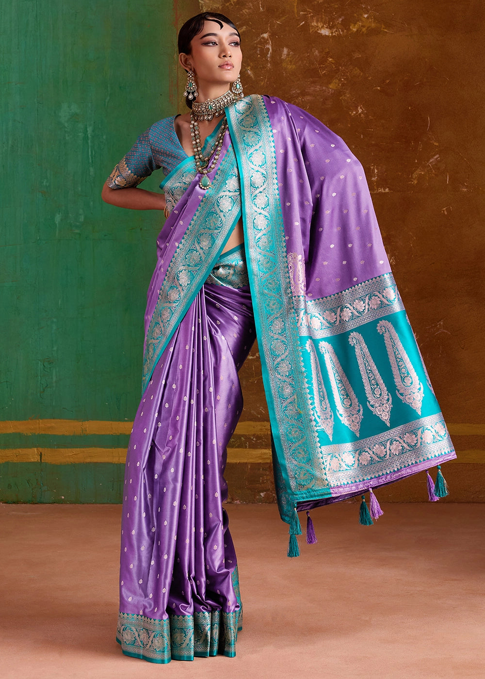 Iris Purple Satin Silk Saree with Intricate Zari Weaving and Contrast Pallu