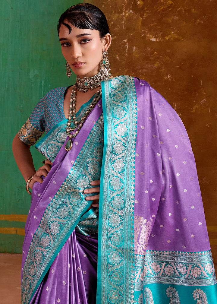 Iris Purple Satin Silk Saree with Intricate Zari Weaving and Contrast Pallu
