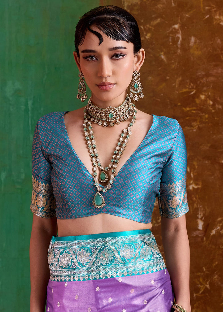 Iris Purple Satin Silk Saree with Intricate Zari Weaving and Contrast Pallu