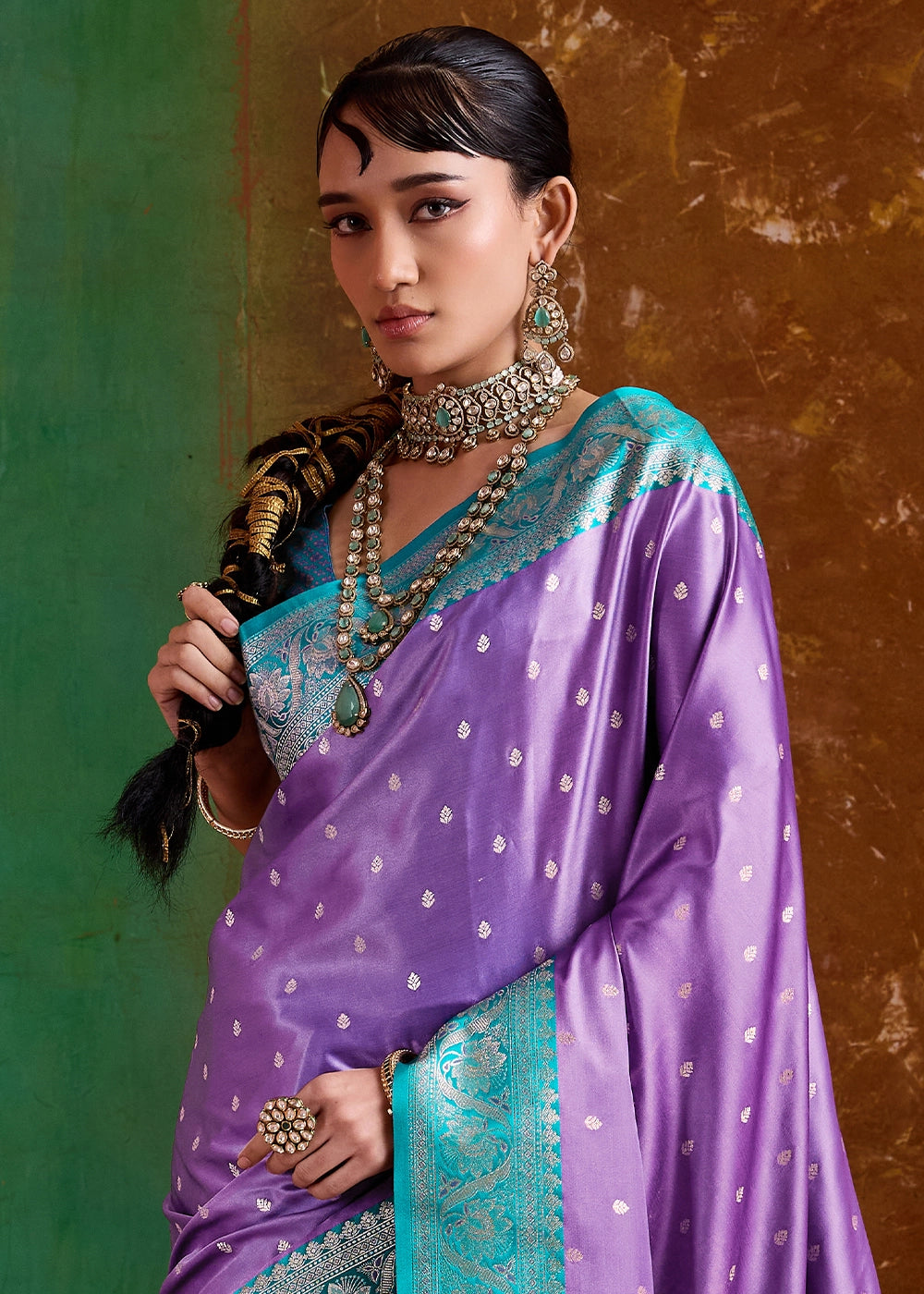 Iris Purple Satin Silk Saree with Intricate Zari Weaving and Contrast Pallu