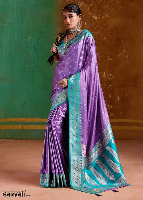Iris Purple Satin Silk Saree with Intricate Zari Weaving and Contrast Pallu