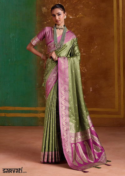 Basil Green Satin Silk Saree with Intricate Zari Weaving and Contrast Pallu