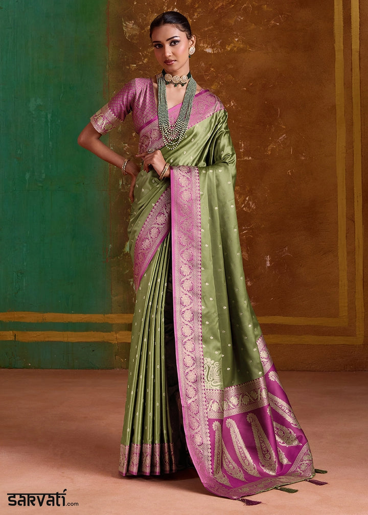 Basil Green Satin Silk Saree with Intricate Zari Weaving and Contrast Pallu