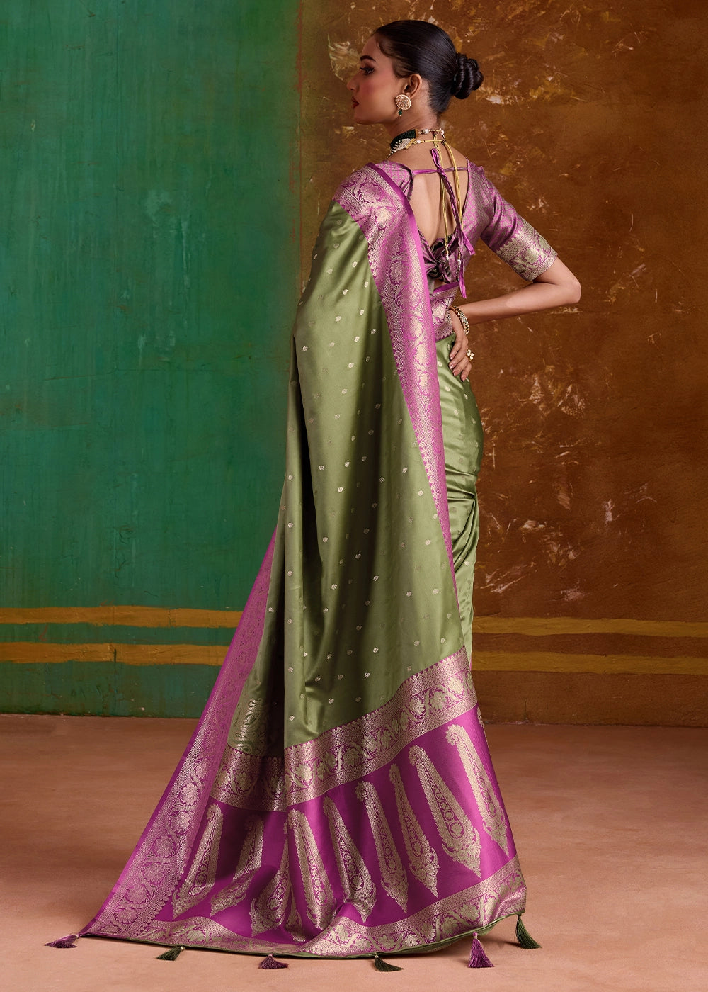 Basil Green Satin Silk Saree with Intricate Zari Weaving and Contrast Pallu