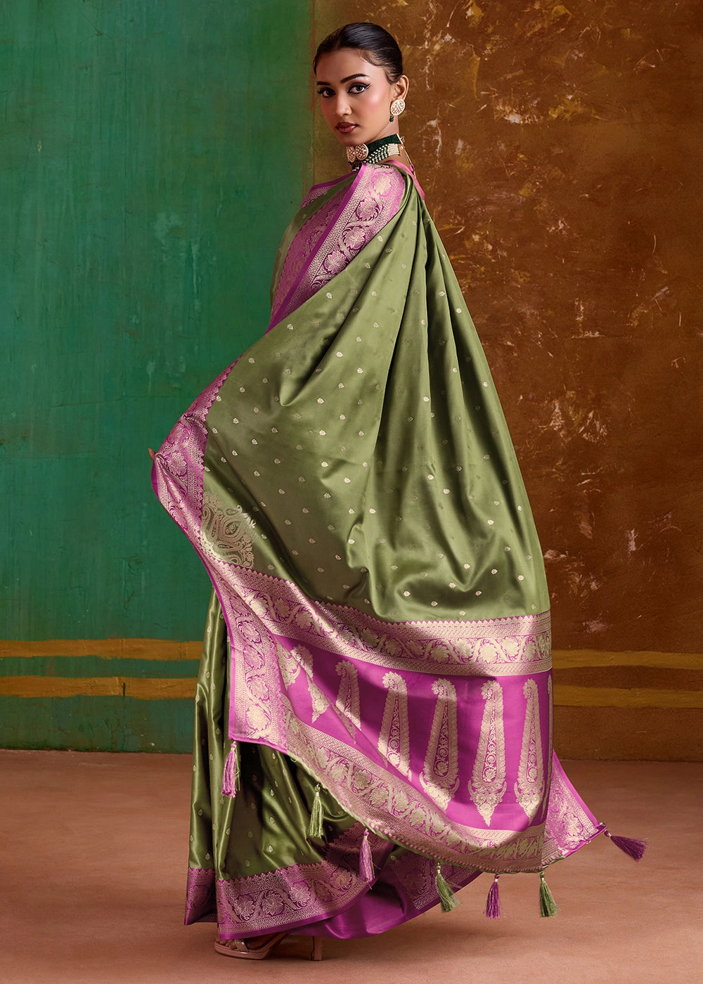 Basil Green Satin Silk Saree with Intricate Zari Weaving and Contrast Pallu
