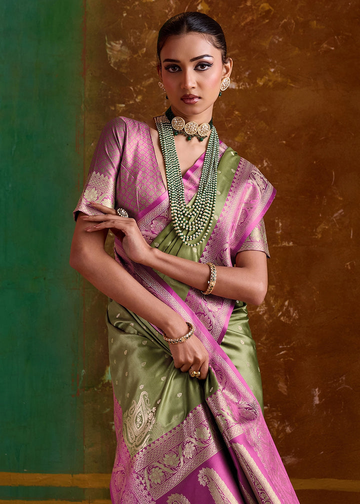 Basil Green Satin Silk Saree with Intricate Zari Weaving and Contrast Pallu