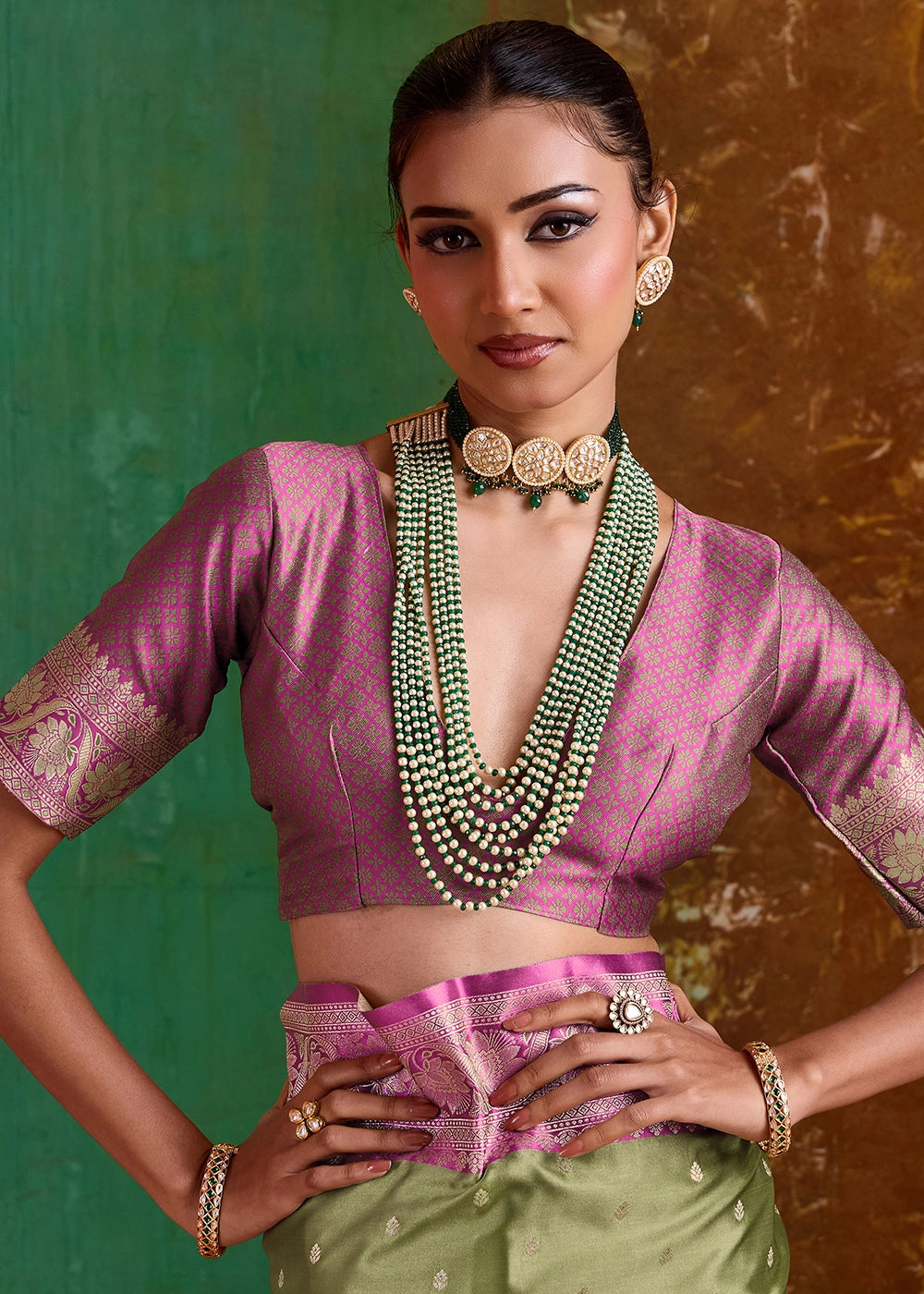 Basil Green Satin Silk Saree with Intricate Zari Weaving and Contrast Pallu