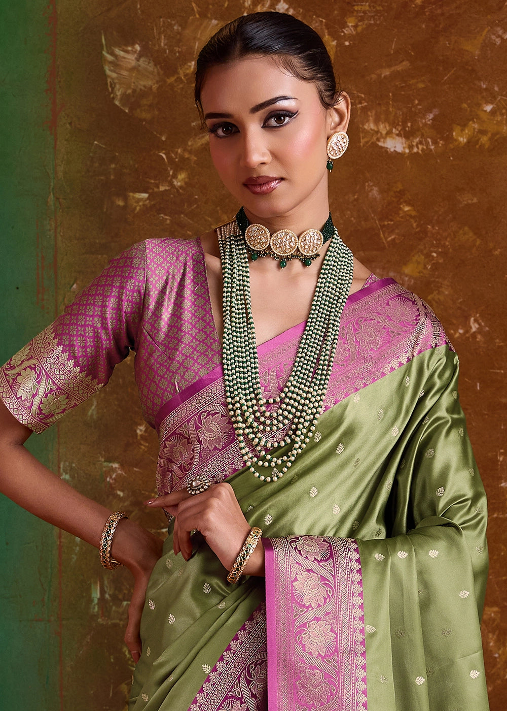 Basil Green Satin Silk Saree with Intricate Zari Weaving and Contrast Pallu