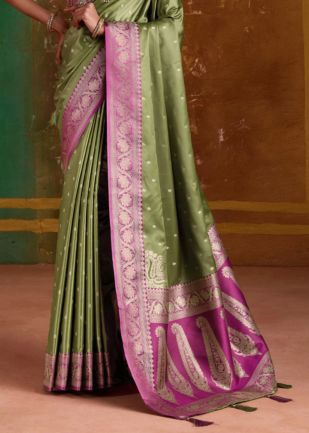 Basil Green Satin Silk Saree with Intricate Zari Weaving and Contrast Pallu