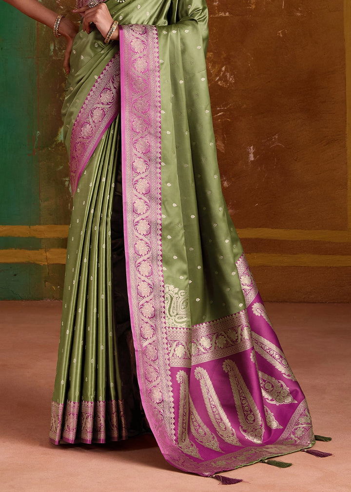 Basil Green Satin Silk Saree with Intricate Zari Weaving and Contrast Pallu