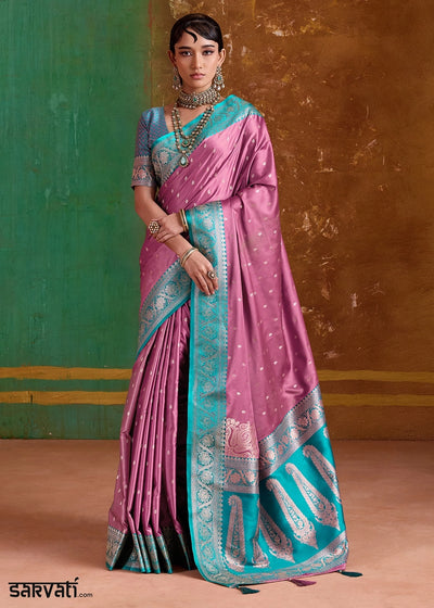 Wild Hibiscus Pink Satin Silk Saree with Intricate Zari Weaving and Contrast Pallu