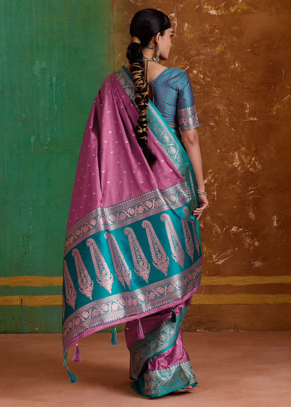 Wild Hibiscus Pink Satin Silk Saree with Intricate Zari Weaving and Contrast Pallu