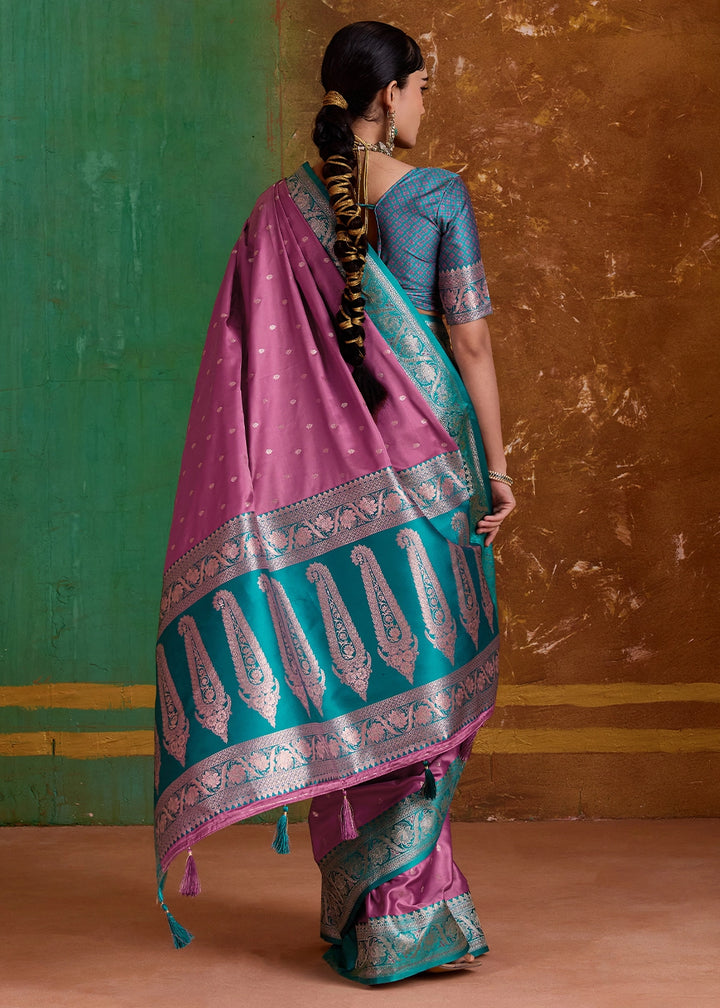 Wild Hibiscus Pink Satin Silk Saree with Intricate Zari Weaving and Contrast Pallu