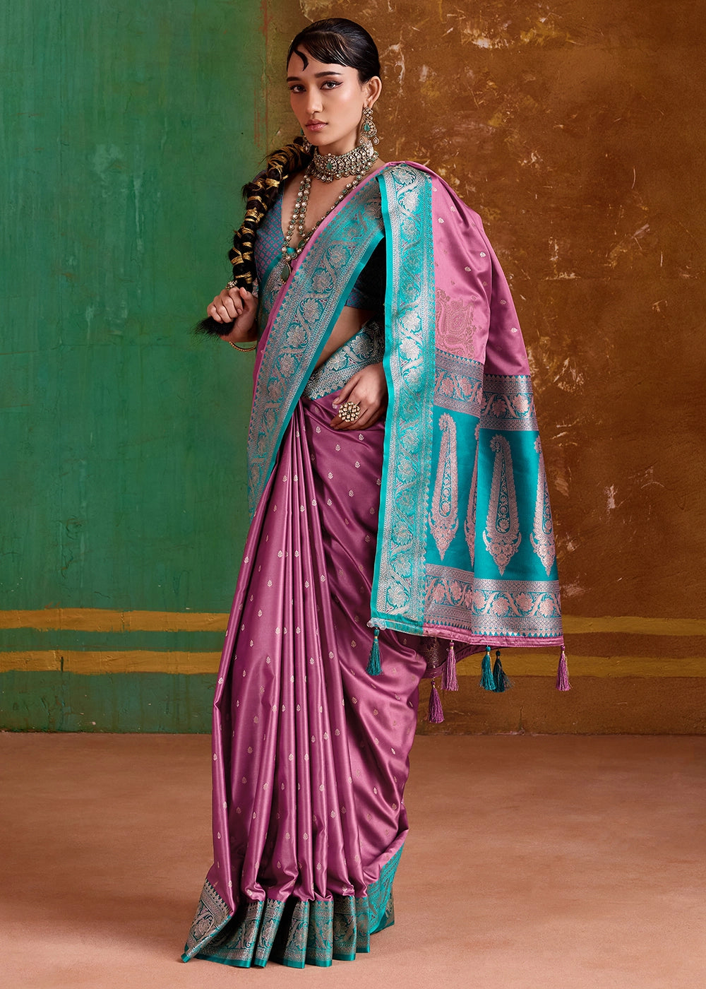 Wild Hibiscus Pink Satin Silk Saree with Intricate Zari Weaving and Contrast Pallu