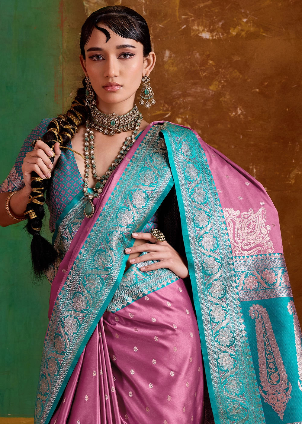 Wild Hibiscus Pink Satin Silk Saree with Intricate Zari Weaving and Contrast Pallu