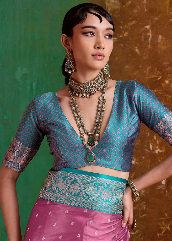 Wild Hibiscus Pink Satin Silk Saree with Intricate Zari Weaving and Contrast Pallu