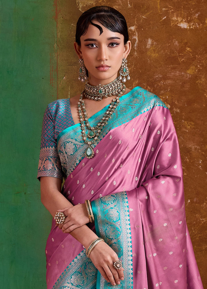 Wild Hibiscus Pink Satin Silk Saree with Intricate Zari Weaving and Contrast Pallu