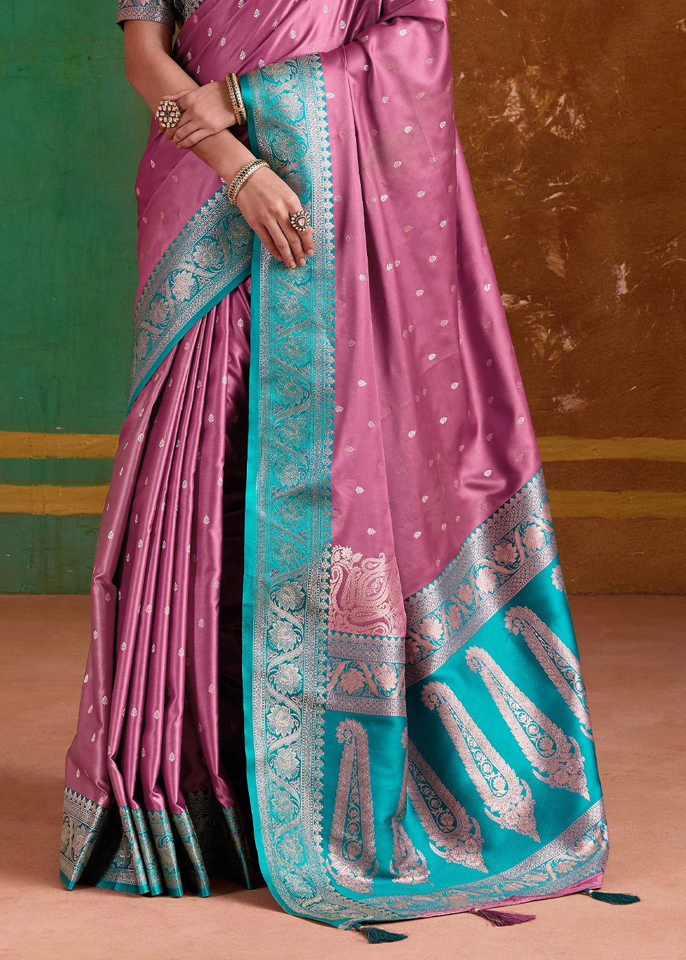 Wild Hibiscus Pink Satin Silk Saree with Intricate Zari Weaving and Contrast Pallu