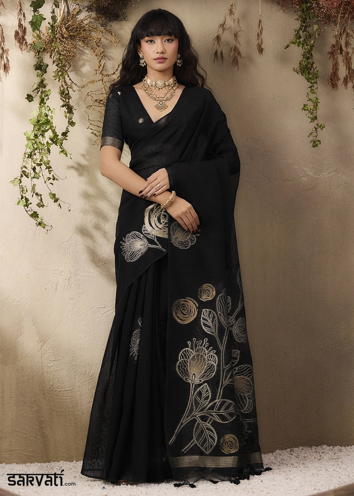 Pitch Black Soft Munga Silk Handloom Saree