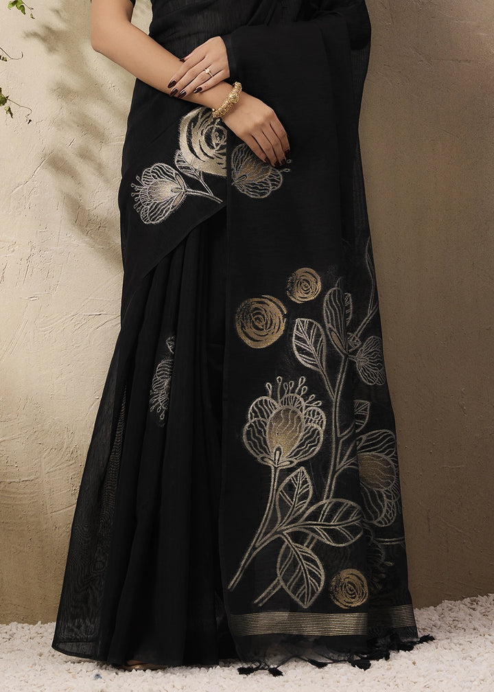 Pitch Black Soft Munga Silk Handloom Saree