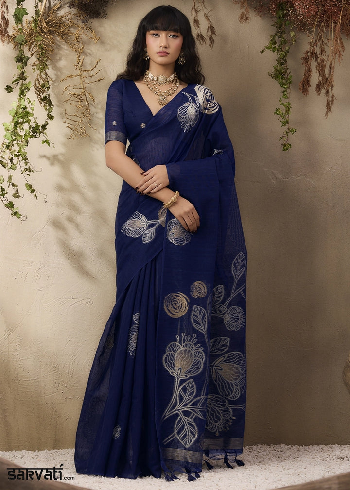 Denim Blue Soft Munga Silk Handloom Saree