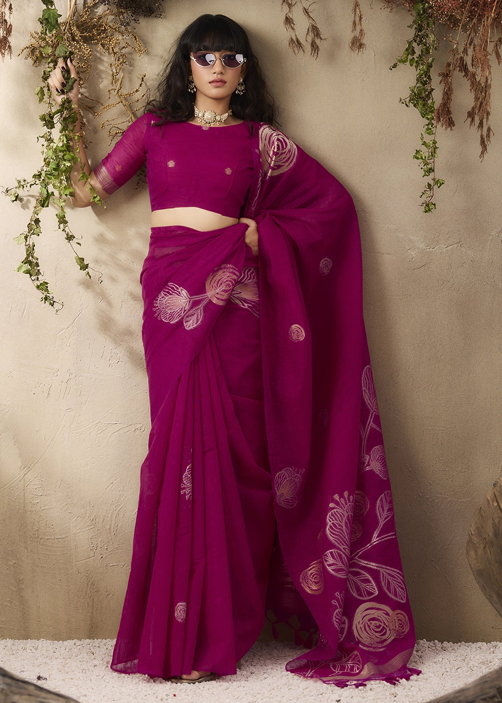 Magenta Pink Soft Munga Silk Handloom Saree