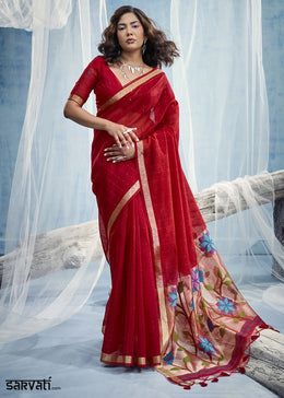 Crimson Red Munga Silk Handloom Saree with Floral Tissue Pallu
