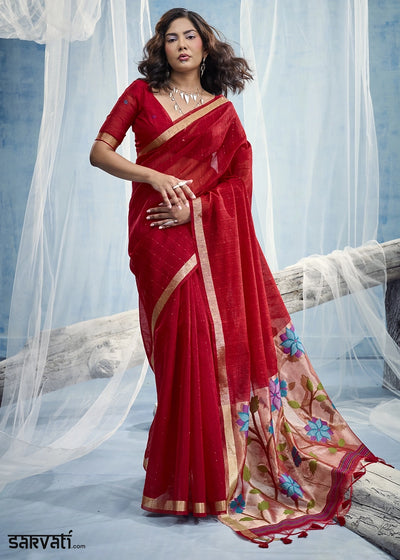 Crimson Red Munga Silk Handloom Saree with Floral Tissue Pallu