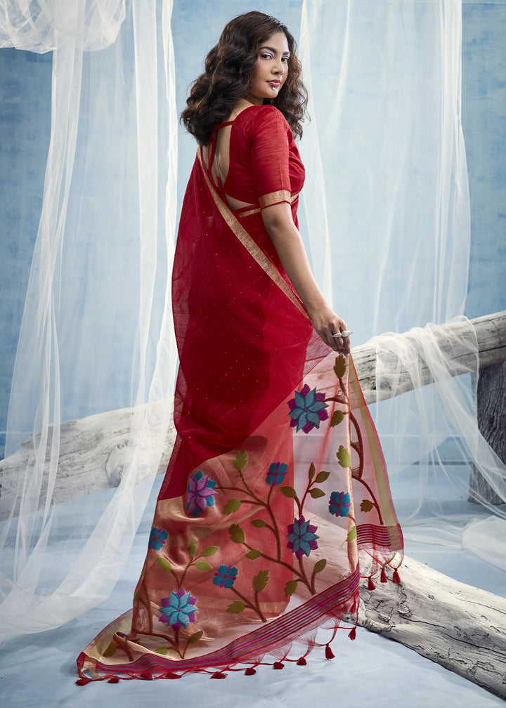 Crimson Red Munga Silk Handloom Saree with Floral Tissue Pallu