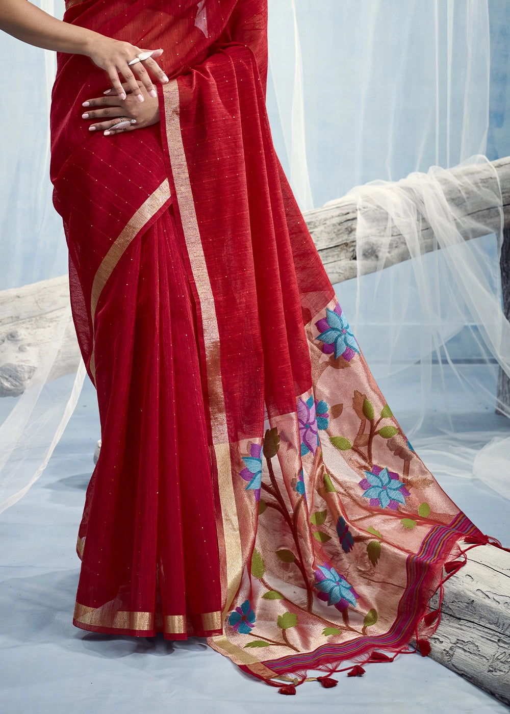 Crimson Red Munga Silk Handloom Saree with Floral Tissue Pallu