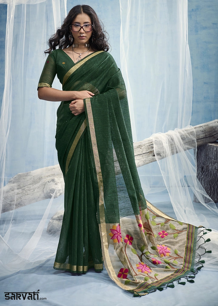 Forest Green Munga Silk Handloom Saree with Floral Tissue Pallu